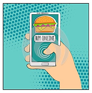 Comic phone with halftone shadows and Hamburger. Hand holding smartphone with buy online internet shopping. Fast food background.