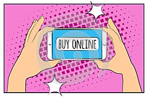 Comic phone with halftone shadows. Hand holding smartphone with buy online internet shopping. Pop art retro style.