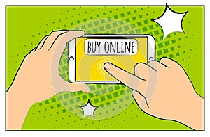 Comic phone with halftone shadows. Hand holding smartphone with buy online internet shopping. Pop art retro style. Flat design. Ve