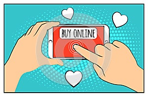 Comic phone with halftone shadows. Hand holding smartphone with buy online internet shopping. Pop art retro style. Flat design. Ve