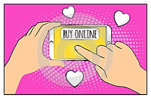 Comic phone with halftone shadows. Hand holding smartphone with buy online internet shopping. Pop art retro style. Flat design. Ve