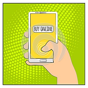 Comic phone with halftone shadows. Hand holding smartphone with buy online internet shopping. Pop art retro style. Flat design. Ve