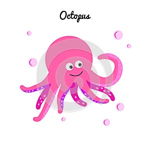 Comic pink octopus with bubbles water. Cartoon marine character girl. Ocean illustration Educational cards for kids
