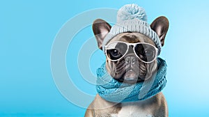 comic portrait of a French bulldog dog in a winter hat and glasses on a blue background. Space for text