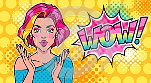 Comic poster in bright colors with surprised woman and wow speech bubble.