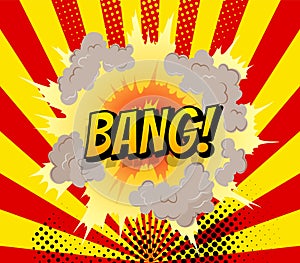 Comic poster wth cartoon explosion frame. Boom comic banner design. Hand drawn vector illustration. Colorful funny