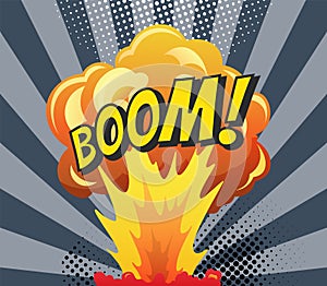 Comic poster wth cartoon explosion frame. Boom comic banner design. Hand drawn vector illustration. Colorful funny