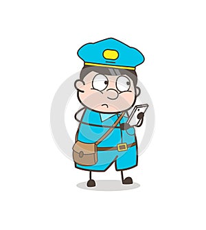 Comic Postman Reading Messages in Mobile Vector