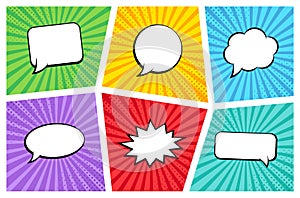 Comic rays with speech bubbles set. Comic superhero bubble. Comics page layout. Rays, radial, halftone. Vector illustration