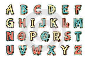Comic retro font. Cartoonish multilayer alphabet photo