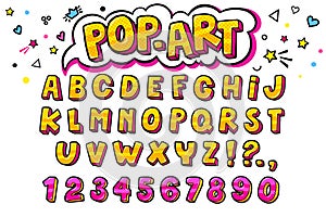 Comic retro letters set. Alphabet letters and numbers in style of comics photo