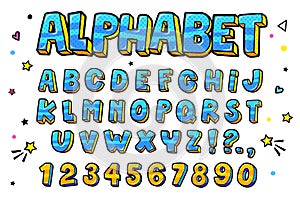 Comic retro letters set. Alphabet letters and numbers in style of comics, pop art photo