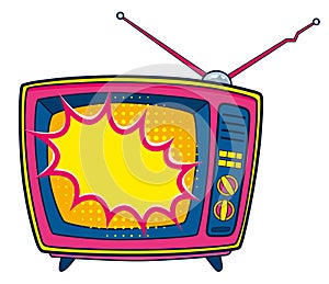 Comic retro tv icon in pop art retro comic style. Cartoon vintage 70s, 80s television. Vector illustration