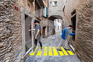 Comic scene. Concept, crosswalks in the alley