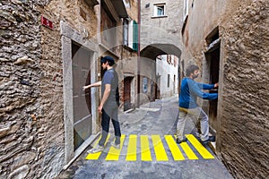 Comic scene. Concept, crosswalks in the alley