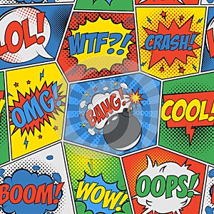 Comic seamless background. Pop art retro pattern with speech bubbles and bomb. Backdrop for design of comics book. Vector. photo