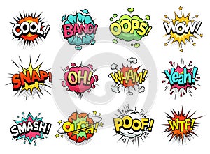 Comic sign clouds. Boom bang, wow and cool speech bubbles. Burst cloud expressions cartoon vector set photo