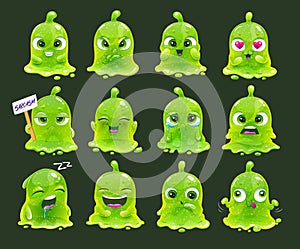 Comic slimy aliens. Funny cartoon green slime characters.