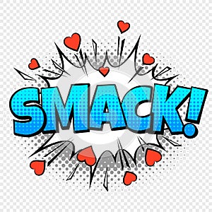 Comic smack. Cartoon pop vintage speech bubble word with halftone dotted shadow and hearts