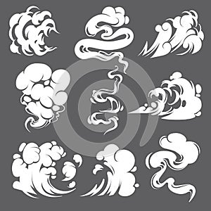 Comic smoke. Clouds steam explosion dust fog smog gas blast dust air trail puff smoking effect fire game draw cartoon