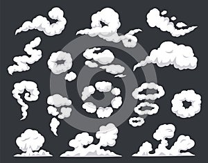 Comic smoke. Swirling clouds, puff of wind, steam, smog, dust, fog. Smoking vapors, fire smokes explosion blast cloud