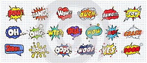 Comic sound speech effect bubbles set on white background illustration. Wow, pow, bang, ouch, crash, woof, no