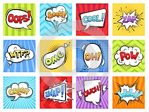 Comic sounds. Cartoon explode stripped burst frames and speech bubbles with words boom vector retro template