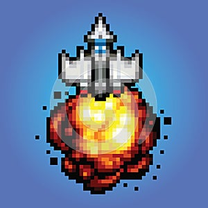 Comic space rocket ship - pixel art Illustration of spaceship blasting off and flying