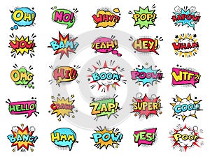 Comic speech bubble. Cartoon comic book text clouds. Comic pop art book pow, oops, wow, boom exclamation signs vector