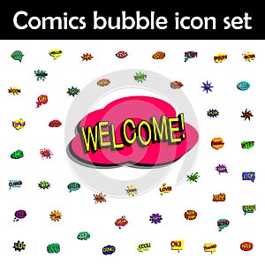 Comic speech bubble with expression text welcome icon. Comic icons universal set for web and mobile