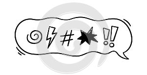 Comic speech bubble with swear words symbols. Hand drawn speech bubble with curse, lightning, bomb. Vector illustration