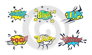 Comic Speech Bubble with Text Set, Comic Sound Effects, Bung, Crush, Zap, Poof Vector Illustration