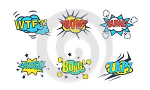 Comic Speech Bubble with Text Set, Comic Sound Effects, Wtf, Wow, Bung, Crush, Zap Vector Illustration