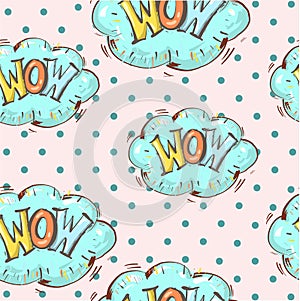 Comic speech bubble WOW seamless pattern on cute clouds. Vector bright cartoon illustration in retro pop art style on