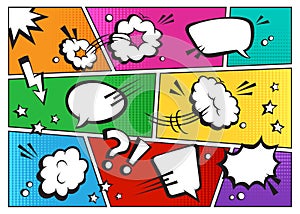Comic speech bubbles, cartoon balloons on colorful retro background, fun clouds sound effect set, halftone pattern, expression