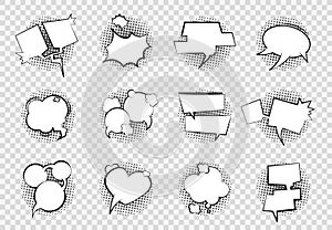 Comic Speech Bubbles. Cartoon chat balloon boom splash art empty white dialog bubble talk shape retro drawing. Vector