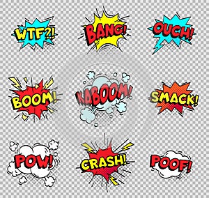 Comic speech bubbles. Cartoon explosions text balloons. Wtf bang ouch boom smack pow crash poof popping vector shapes photo