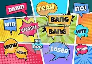 Comic speech bubbles. Cartoon pop art clouds comics page boom bang splash explosion sticker text cloud shape balloon