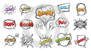 Comic speech bubbles collection. Isolated clouds with text, cartoon explosion vector set