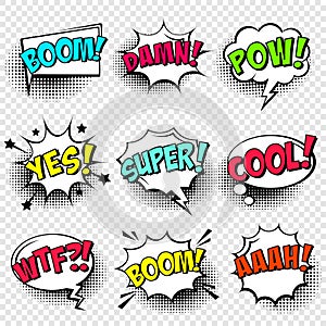 Comic speech bubbles with halftone shadow and text phrase. Vector hand drawn retro cartoon stickers. Pop art style.