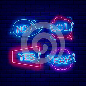 Comic speech bubbles neon collection. Yes and no. Lol and yeah text. Pop art explosion design. Vector illustration