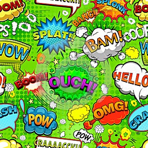 Comic speech bubbles seamless pattern on green background vector