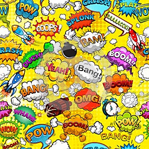 Comic speech bubbles seamless pattern on yellow background vector