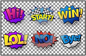 Comic speech bubbles set with different emotions and text Hi, Start, Win, LOL, No, Bye. Vector bright dynamic cartoon