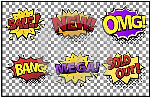 Comic speech bubbles set with different emotions and text Sale, New, OMG, Bang, Mega, Sold Out . Vector bright dynamic cartoon