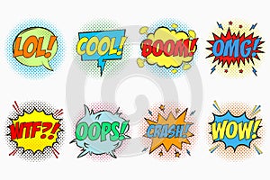 Comic speech bubbles set with emotions - LOL. COOL. BOOM. OMG. WTF. OOPS. CRASH. WOW. Cartoon sketch of dialog effects.