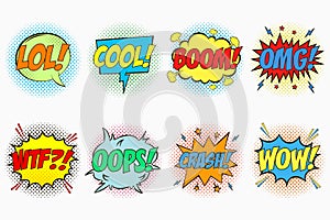 Comic speech bubbles set with emotions - LOL. COOL. BOOM. OMG. WTF. OOPS. CRASH. WOW. Cartoon sketch of dialog effects. photo