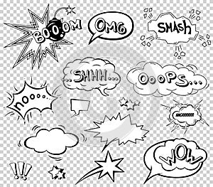 Comic speech bubbles set, wording sound effect design for background, strip. Book Bang cloud, pow and cool exclamation