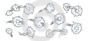 Comic speed effect, cartoon jump cloud, doodle smoke or dust, whoosh wind and trail, poof and puff, blue air ring, power gas
