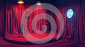 Comic stage with mic and stool. Standup concert, open mic event for comedians on theater stage with red curtains and